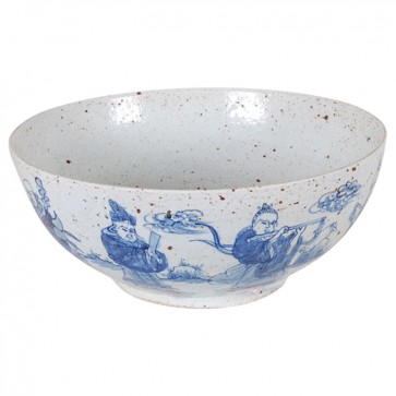Porcelain Blue and White Speckled Bowl with Figures