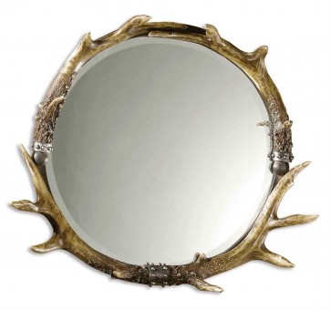 Round Faux Antler Stag Wood Mirror