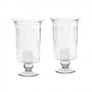 Two Wheat Pattern Etched Glass Candle Holders