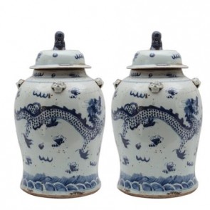 Pair Porcelain Blue and White Dragon Jars